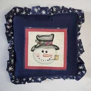 Festive Ruffled Edge Snowman Holiday Pillow 15x14 - Blue and White